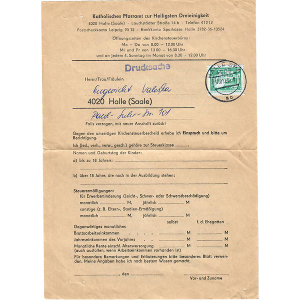 DDR, Beleg Kirchensteuerbescheid vom Katholischen Pfarramt in 4020 Halle aus 1985