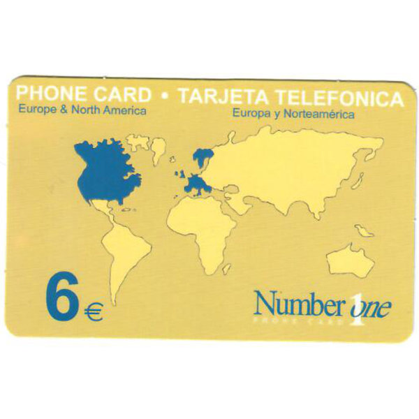 Spanien,Telefonkarte Number 1 One, mit Abbildung von Weltkarte