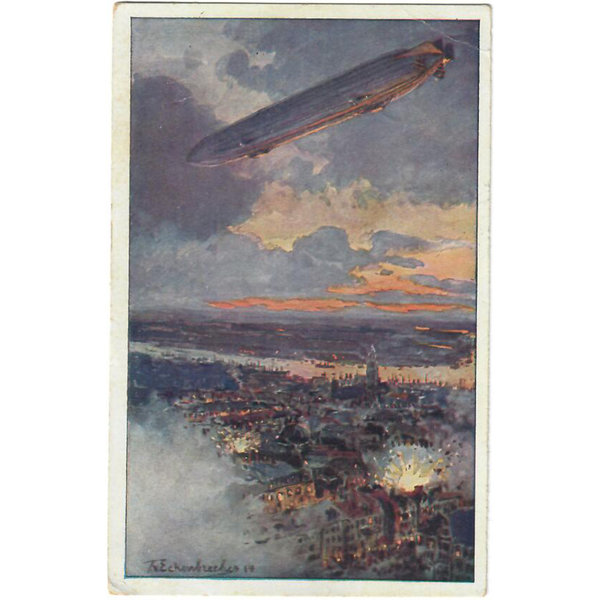 Ansichtskarte, 1. Weltkrieg, Zeppelin über Antwerpen, als Feldpost gelaufen