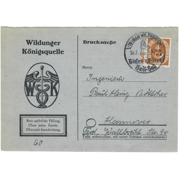 Deutsche Bundespost, Firmenbeleg der Wildunger Königsquelle mit Stempel Heil-Bad Bad Wildungen