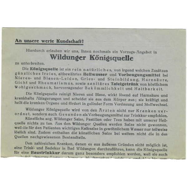 Deutsche Bundespost, Firmenbeleg der Wildunger Königsquelle mit Stempel Heil-Bad Bad Wildungen