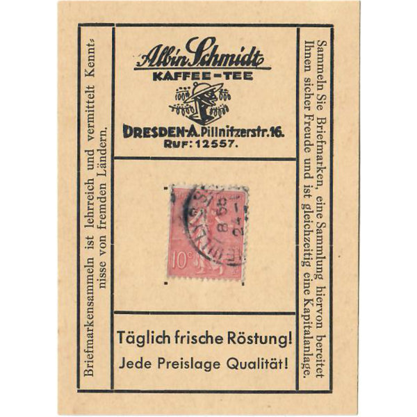 Reklamekarte als Rabattkärtchen von der Albin Schmidt, Kaffee- und Teehandel, mit Briefmarke