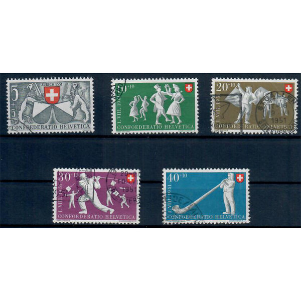 Schweiz, Pro Patria, 600 Jahre Zürich i.d.Eidgenossenschaft, Volksspiele, MiNr. 555-559, gestempelt