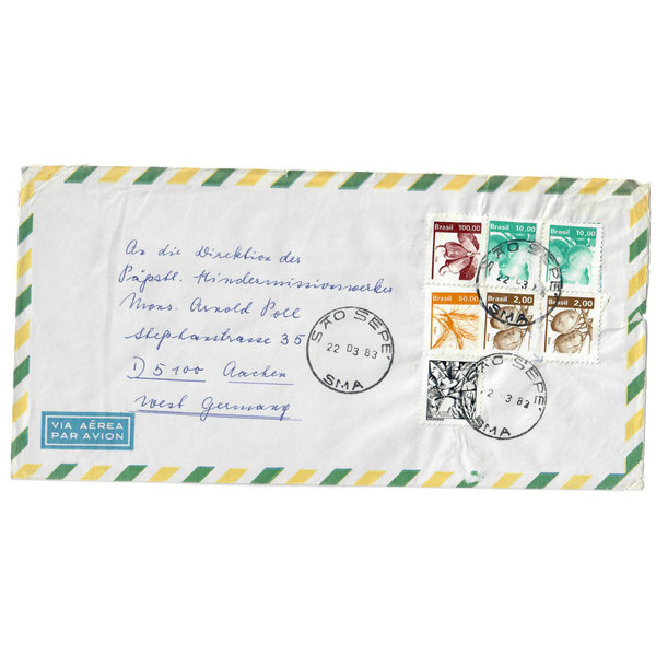 7 verschiedene Briefe Brasilien, Luftpost nach Deutschland, Bedarf